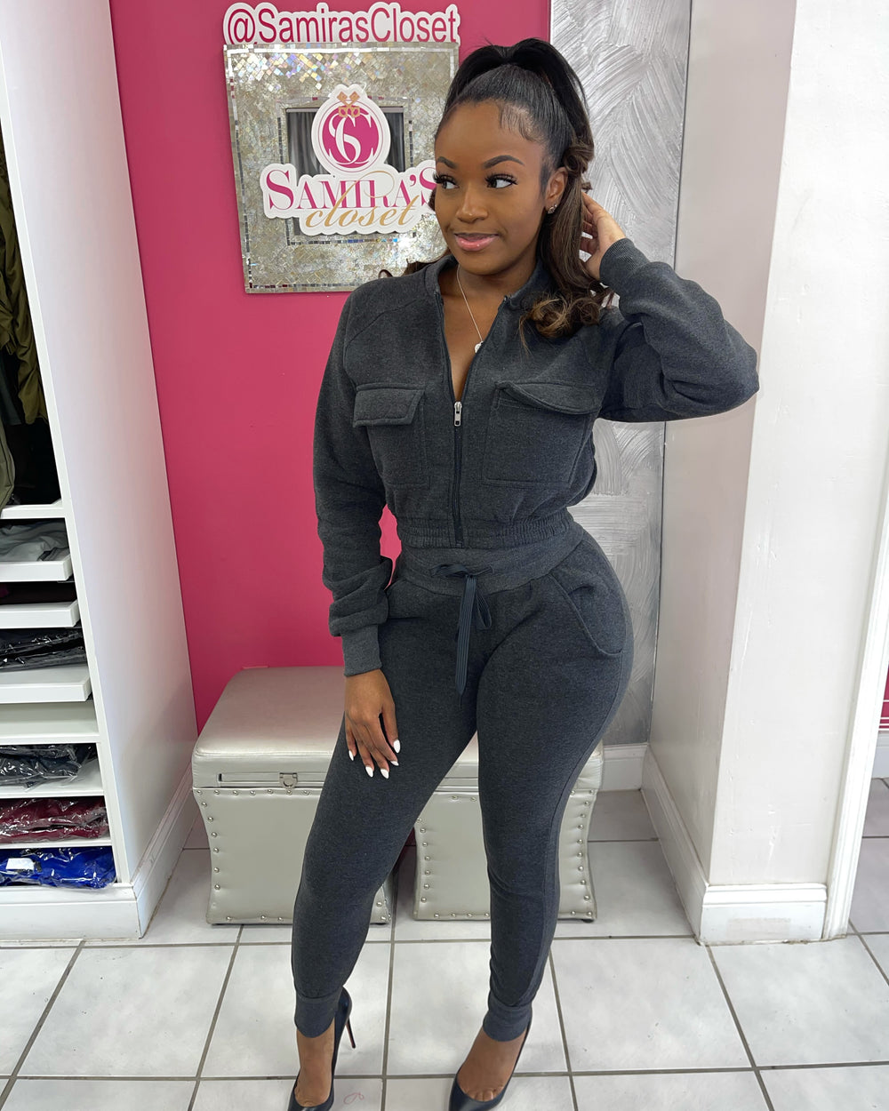Cargo Styled Crop Jogger Set-Charcoal Gray