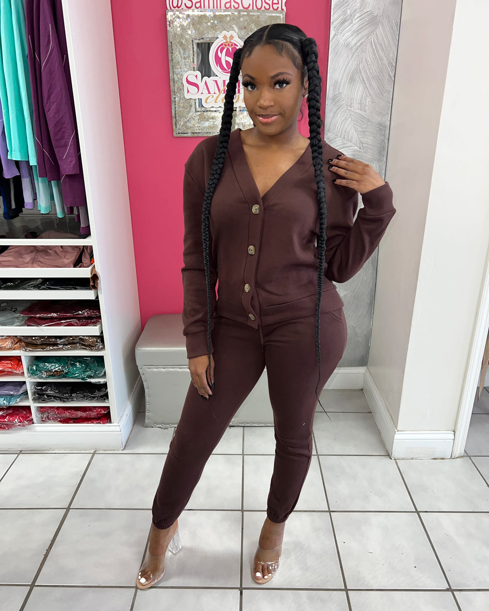 Cassie Button Jogger-Brown