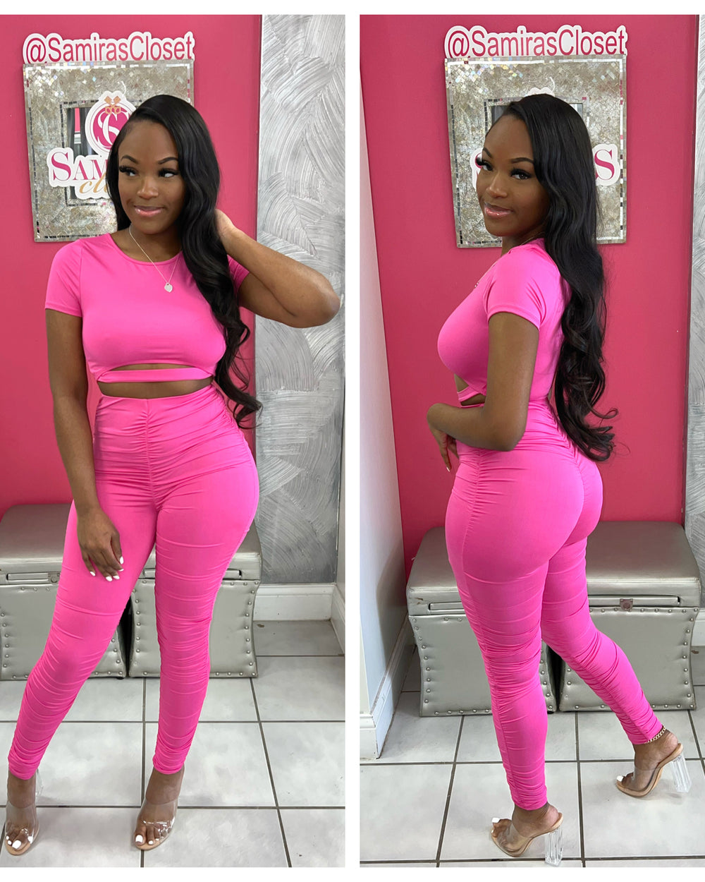 Cut Out Ruched Legging Set-Fuchsia