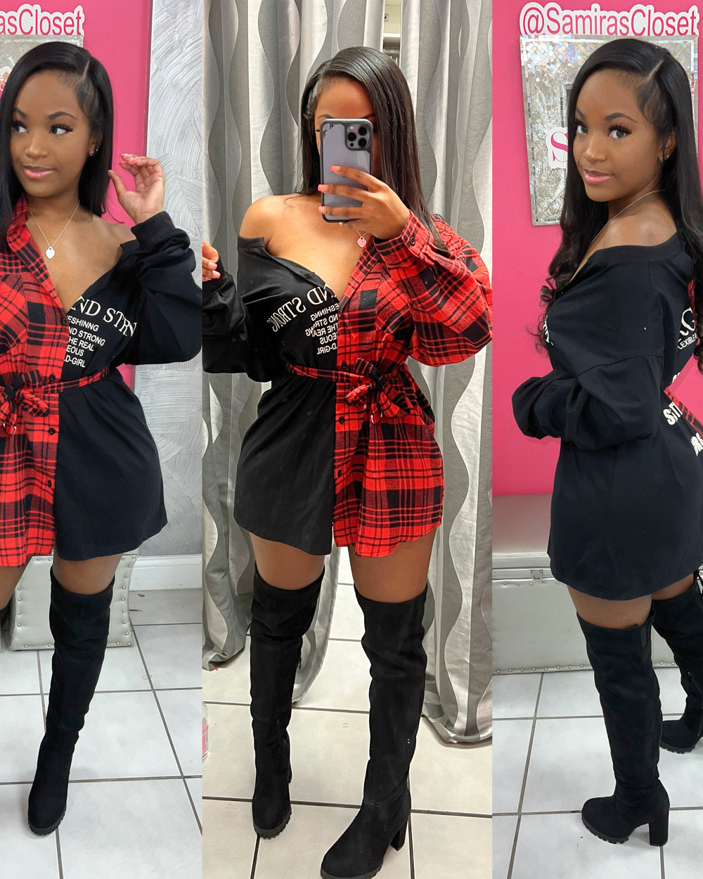 Plaid Top with belt-Red and black