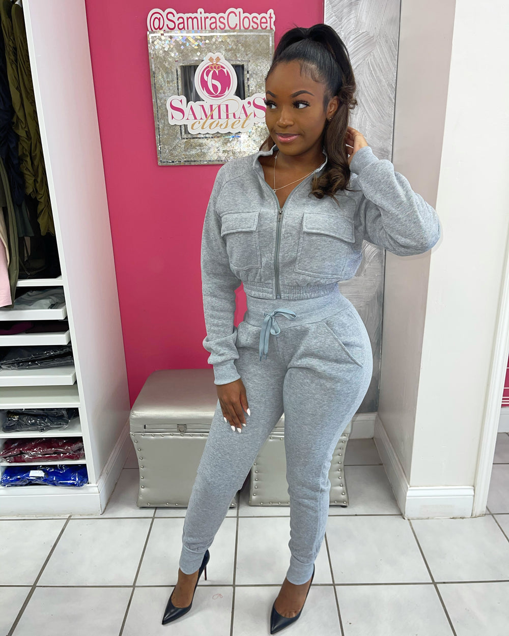 Cargo Styled Crop Jogger Set-Heather Gray