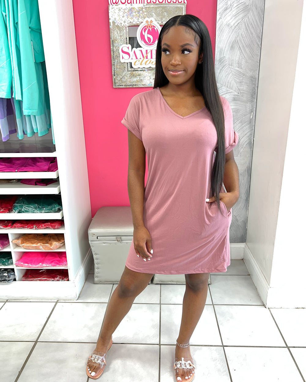 T-shirt Dress with Pockets-Mauve