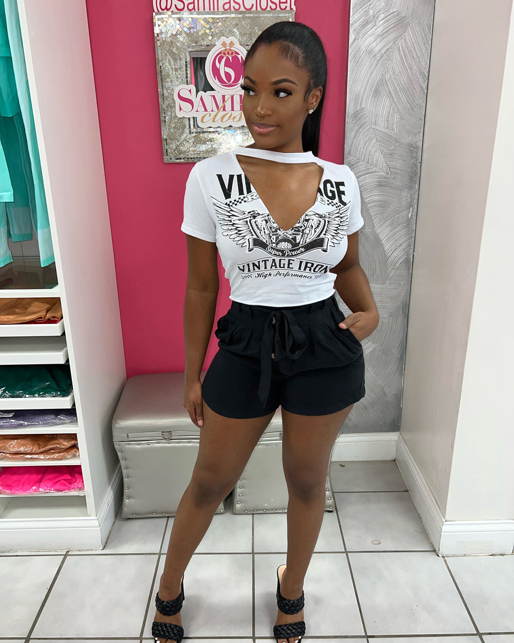 Button Down Waist tie shorts-Black