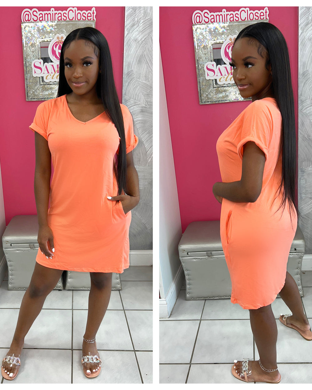 T-shirt Dress with Pockets-Coral