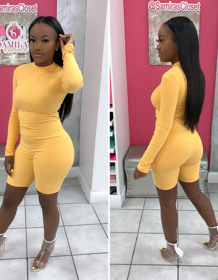 Ribbed Long Sleeve Romper-Mustard