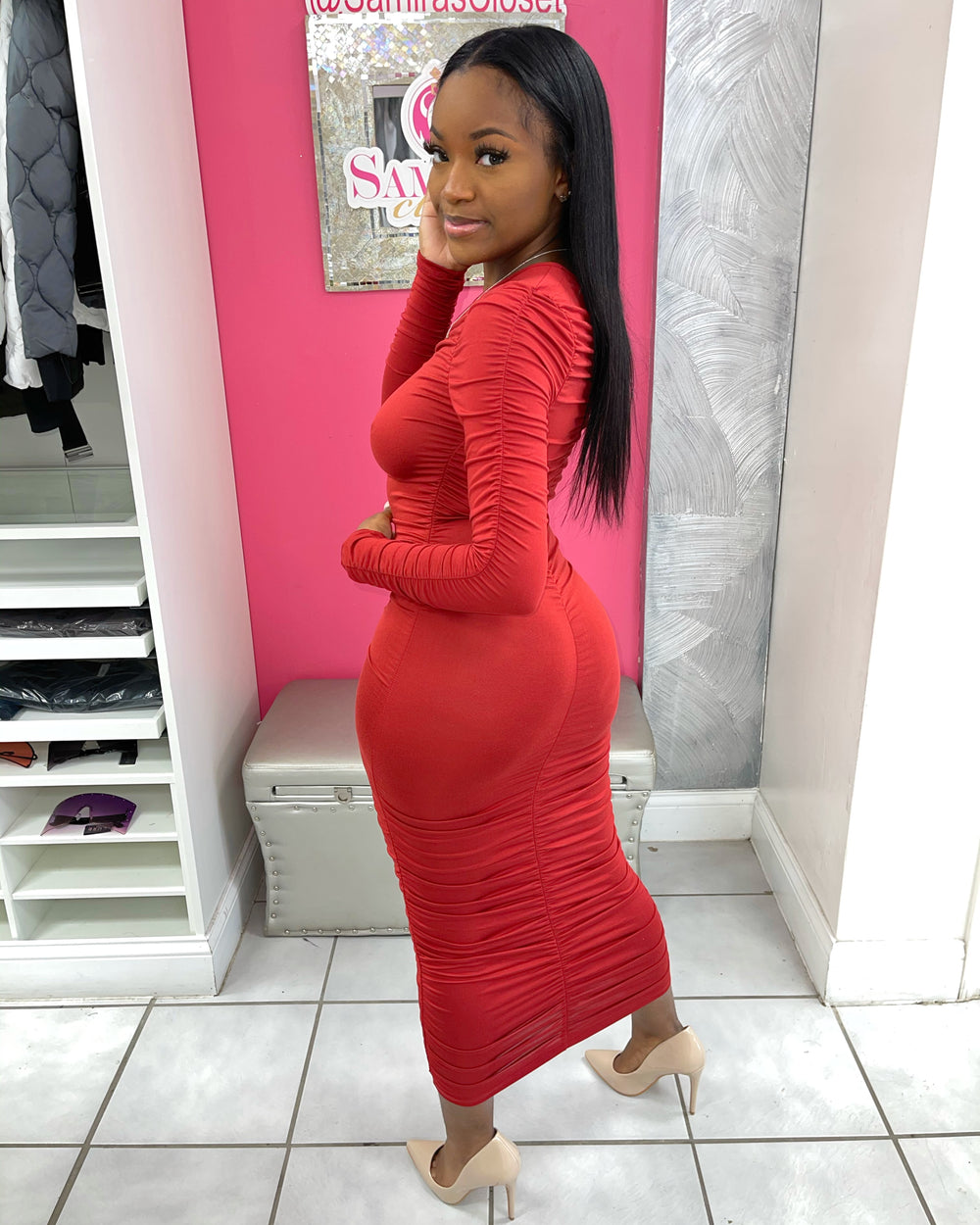 Ruched Long Sleeve Midi Dress-Wine