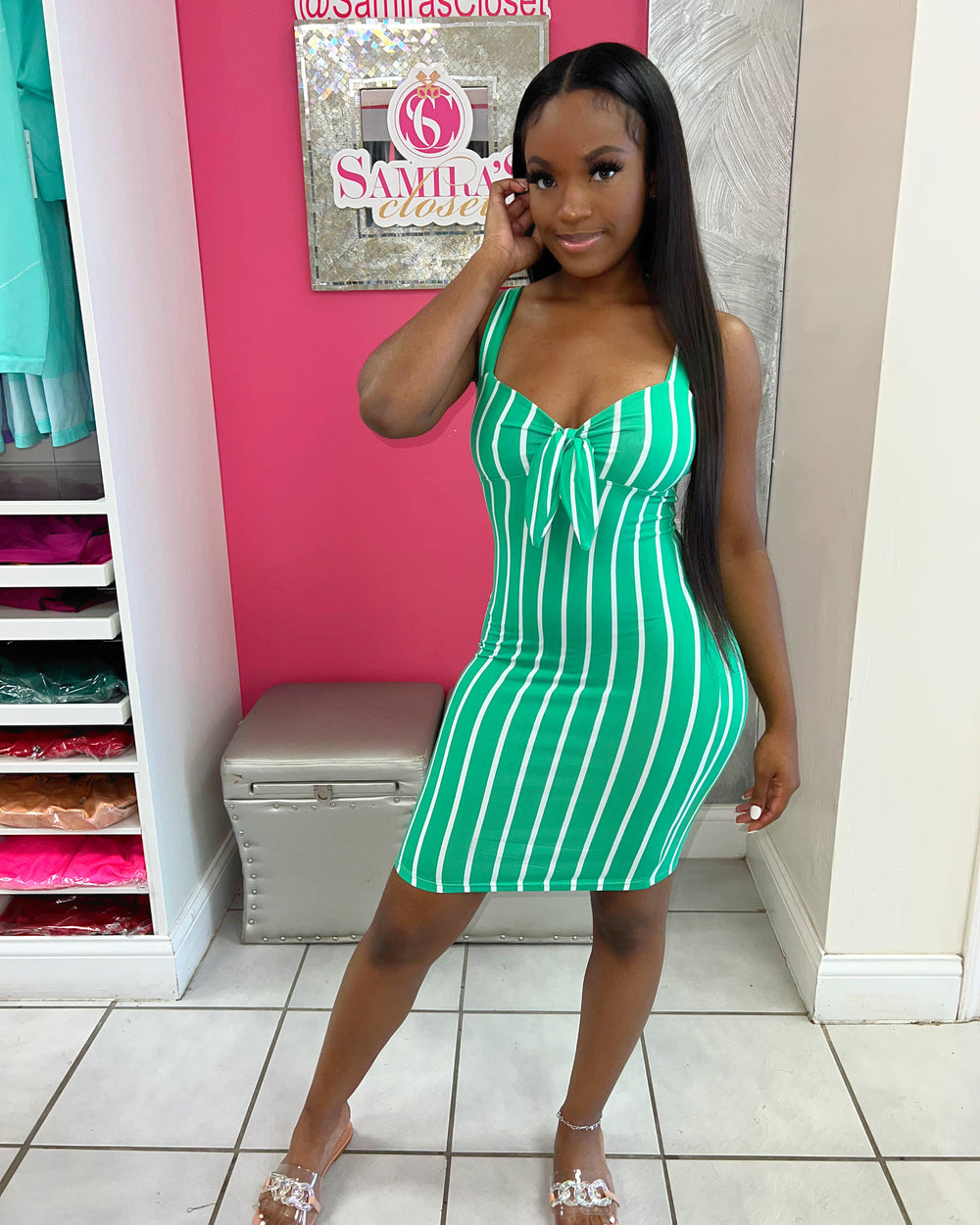Striped Front tie  Dress-Kelly Green