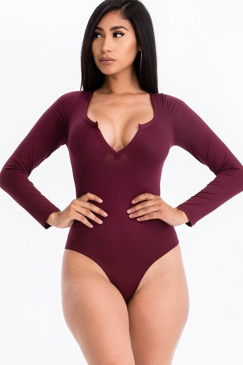 Split Neck Bodysuit-Burgundy