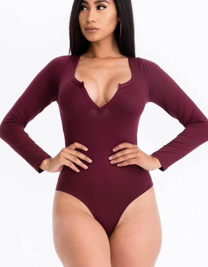 Split Neck Bodysuit-Burgundy